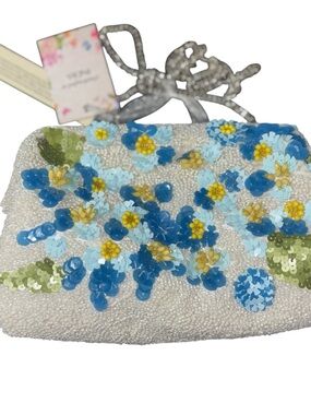 Beaded Floral Sequin Clutch Handbag - Blue & White